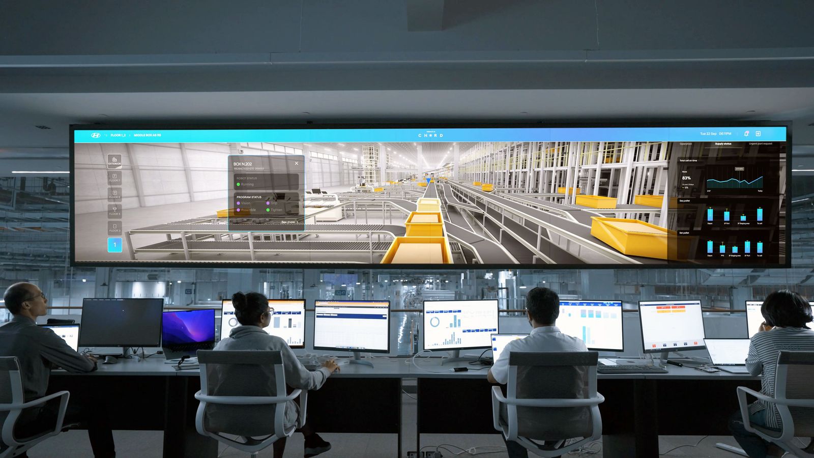 Operations team monitoring a digital display wall in a modern control center